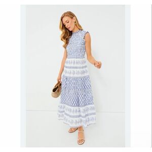 Tuckernuck Oliphant Smocked Tiered Maxi Dress (XS, blue & white)
